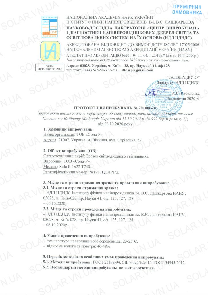 Протокол випробувань світлодіодного світльника